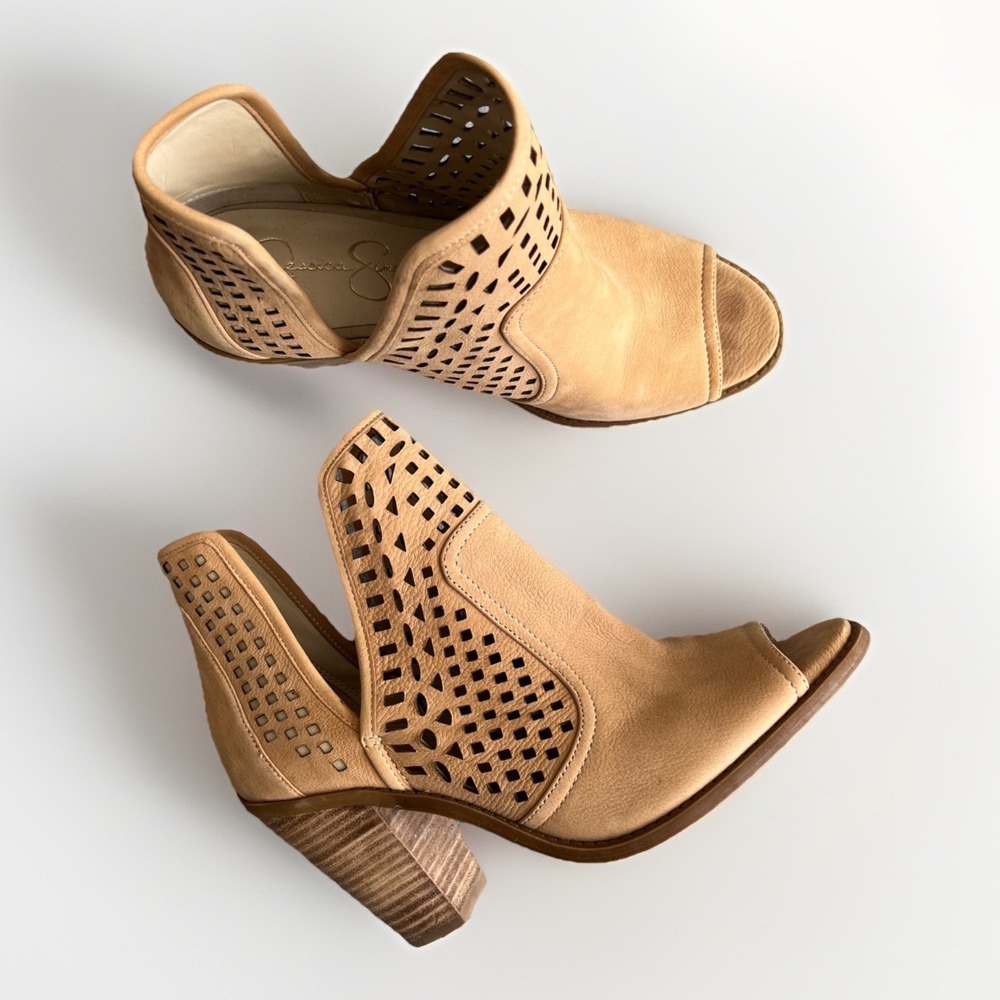 Jessica Simpson Cherrell Open Toe Leather Ankle Booties 9.5 Tan Western Cowgirl‎